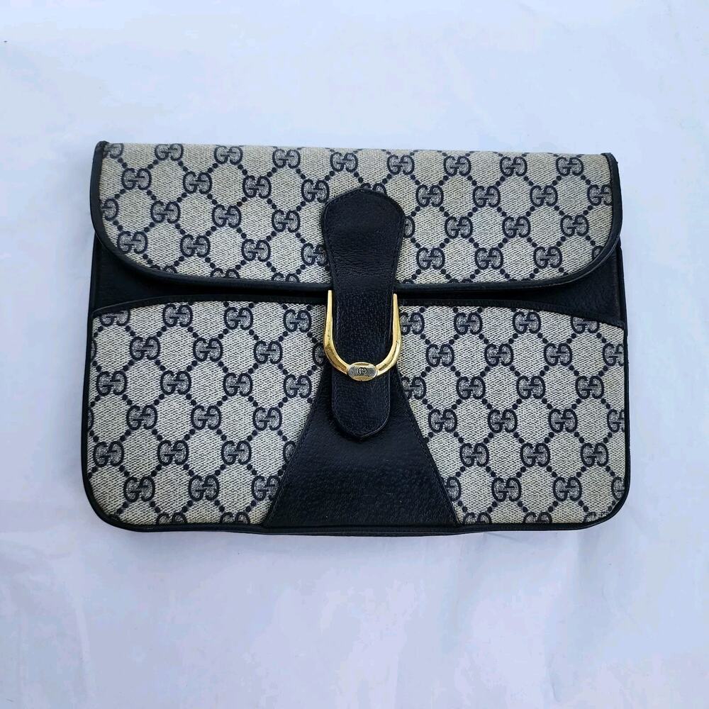 VINTAGE Gucci GG Web Coated Canvas Shoulder Bag Blue White Leather Trim Chain - Picture 2 of 14